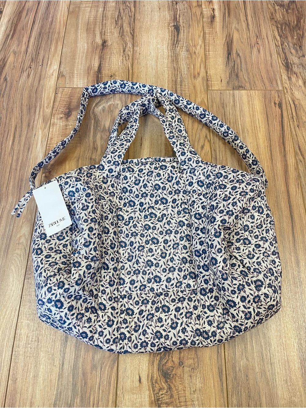 Zara Navy and Cream Floral Quilted Tote